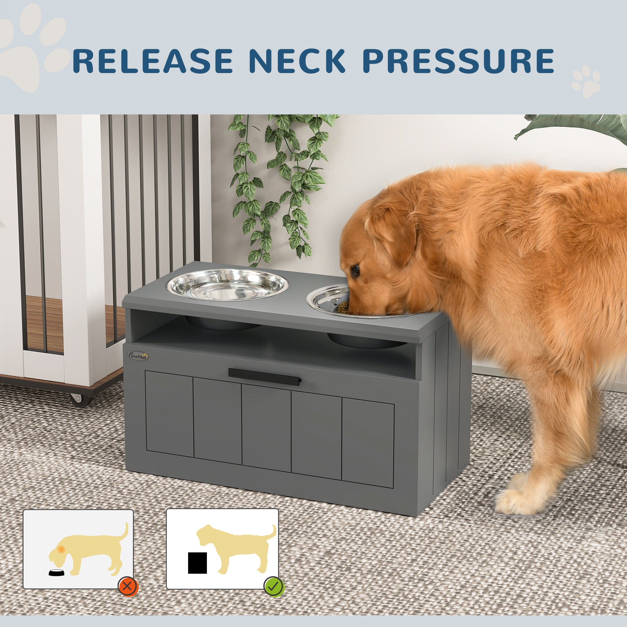 Elevated Dog Bowls, Large Breed Raised Dogs Bowl Stand with 2 Stainless Steel Bowls, Storage Drawer and Slow Feeder Mat