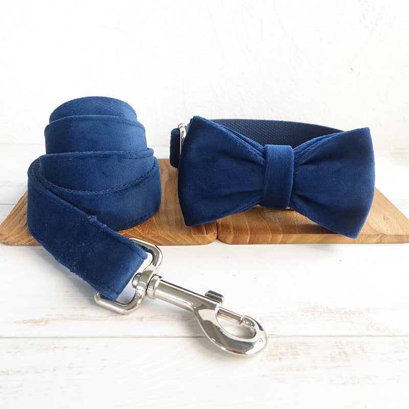 Premium Midnight Blue Velvet Bow Dog Collar for Pets