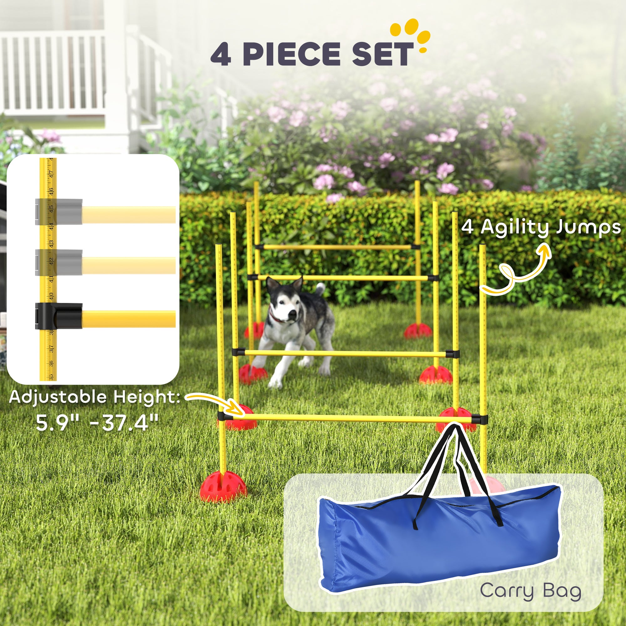 4 Piece Dog Agility Course Backyard Set with 4 Height Adjustable Dog Agility Jumps