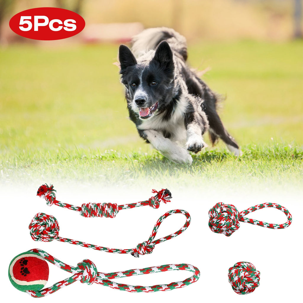 Set Of 5Pcs Christmas Dog Rope Chew Toys Dog Interactive Toys Set For Puppy Small Medium Aggressive Chewers Dogs Training Teething Playing