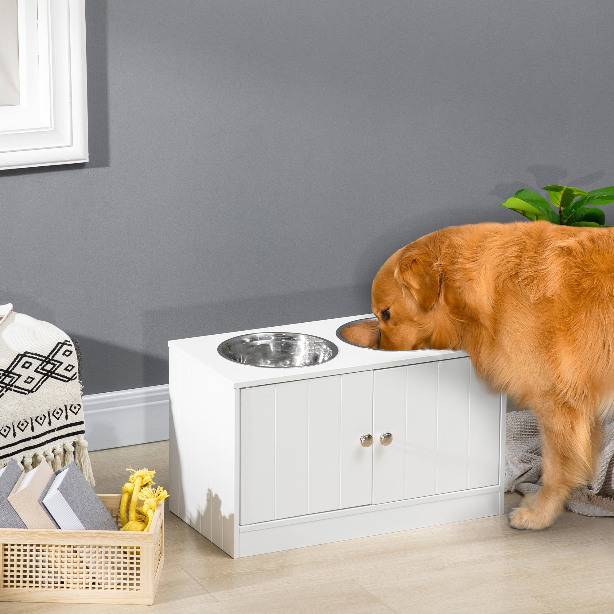 Large Elevated Dog Bowls with Storage Cabinet Containing Large 44L Capacity