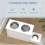 Elevated Dog Bowls With Slow Feeder Mat, Storage Cabinet, 3 Stainless Steel Bowls For Large & Extra Large Dogs, White